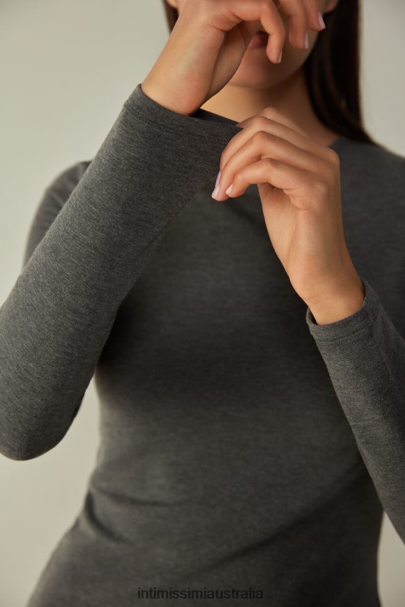 Intimissimi Women 5227-Charcoal Grey Melange Apparel 0RJT481379 Long Sleeve Crewneck Top in Plush Modal with Cashmere