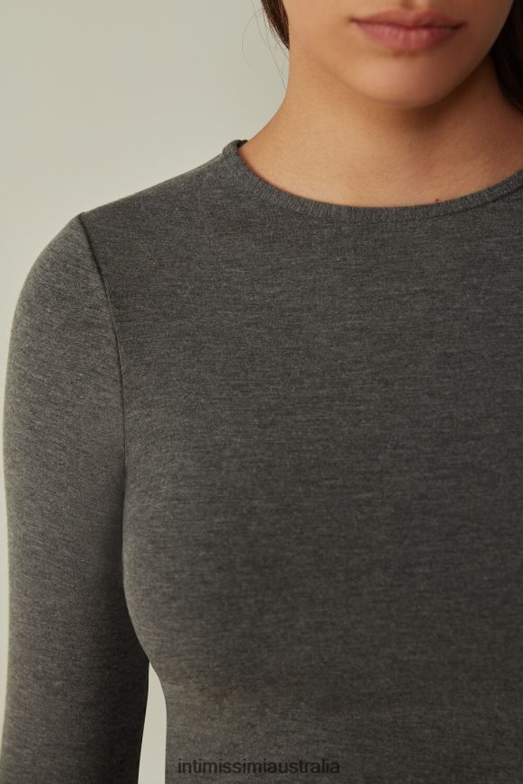 Intimissimi Women 5227-Charcoal Grey Melange Apparel 0RJT481379 Long Sleeve Crewneck Top in Plush Modal with Cashmere