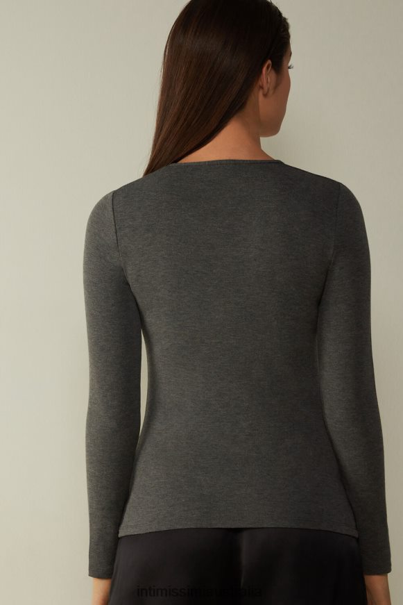 Intimissimi Women 5227-Charcoal Grey Melange Apparel 0RJT481379 Long Sleeve Crewneck Top in Plush Modal with Cashmere