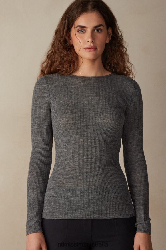 Intimissimi Women 7481-Aluminium Grey Blend Apparel 0RJT481340 Wool and Silk Long-Sleeved Crew-Neck Max Top