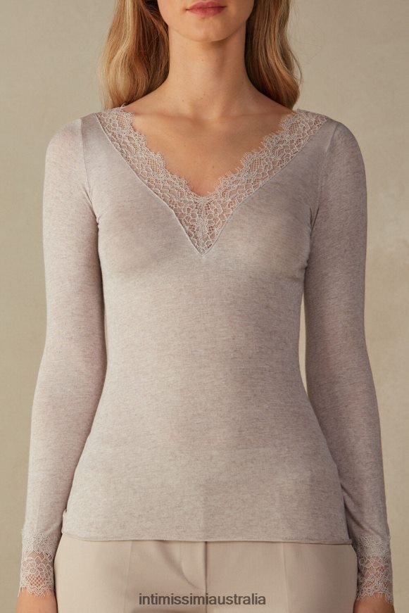 Intimissimi Women 7525-Shell Beige Melange Apparel 0RJT481343 Modal Cashmere Ultralight Long Lace Shirt