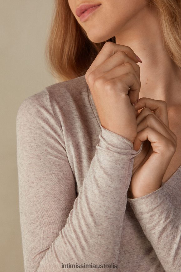 Intimissimi Women 7525-Shell Beige Melange Apparel 0RJT481347 Ultralight Modal with Cashmere V-Neck Top