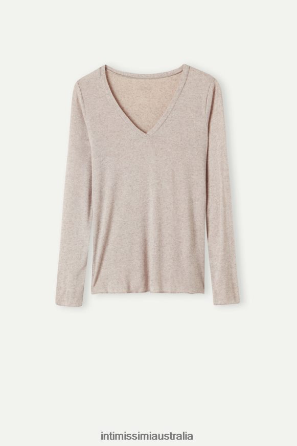 Intimissimi Women 7525-Shell Beige Melange Apparel 0RJT481347 Ultralight Modal with Cashmere V-Neck Top