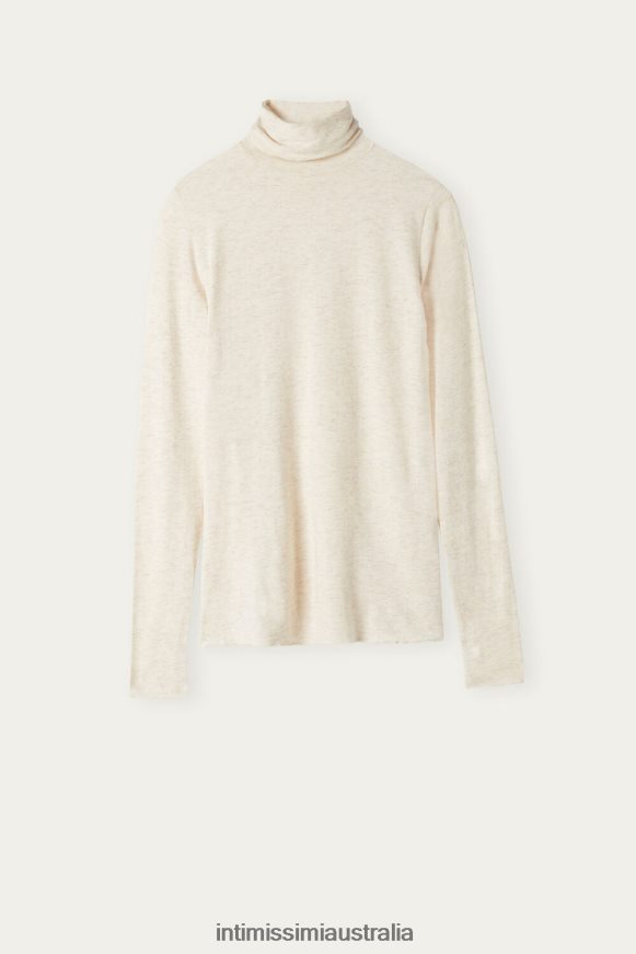Intimissimi Women 843I-Off-White Lame Apparel 0RJT481381 Light Modal with Lame Cashmere High-Neck Top