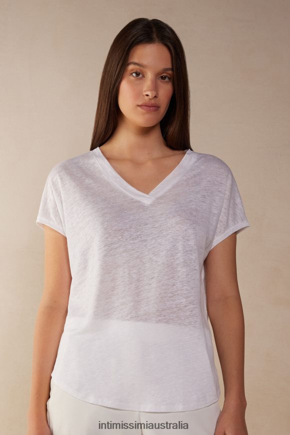 Intimissimi Women 001-White Apparel 0RJT481314 Short-sleeved Linen Top with V Neck