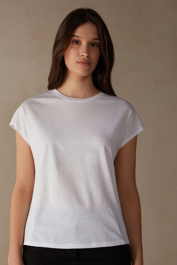Intimissimi Women 001-White Apparel 0RJT481364 Short-Sleeved Crew-Neck Ultrafresh Supima Cotton Top