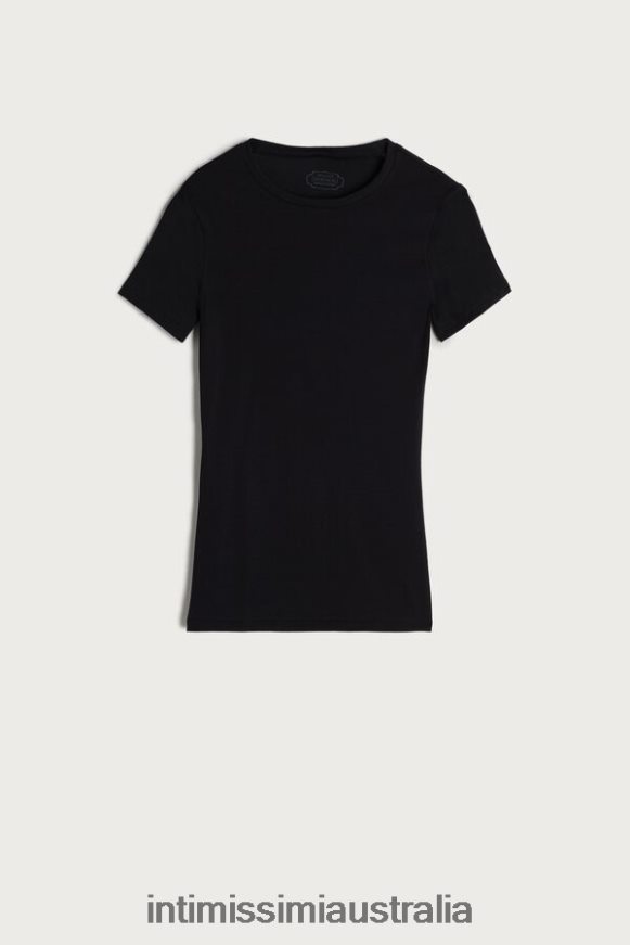 Intimissimi Women 019-Black Apparel 0RJT481419 Short-Sleeved Stretch Supima Cotton Top