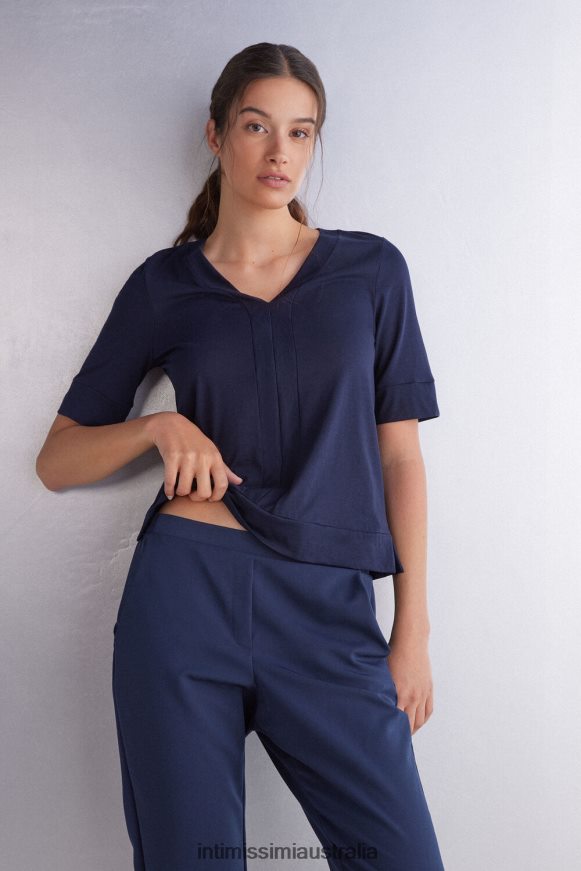 Intimissimi Women 1467-Intense Blue Apparel 0RJT481278 Short-Sleeved V-Neck Ultrafresh Supima Cotton Top