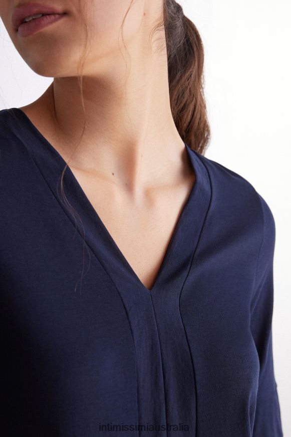 Intimissimi Women 1467-Intense Blue Apparel 0RJT481278 Short-Sleeved V-Neck Ultrafresh Supima Cotton Top