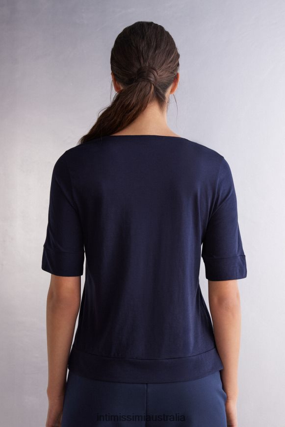 Intimissimi Women 1467-Intense Blue Apparel 0RJT481278 Short-Sleeved V-Neck Ultrafresh Supima Cotton Top