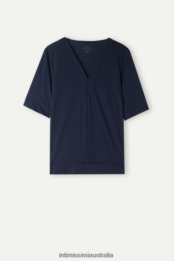 Intimissimi Women 1467-Intense Blue Apparel 0RJT481278 Short-Sleeved V-Neck Ultrafresh Supima Cotton Top