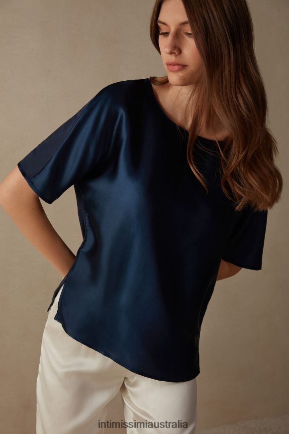 Intimissimi Women 1467-Intense Blue Apparel 0RJT481370 Short-Sleeved Silk and Modal Top