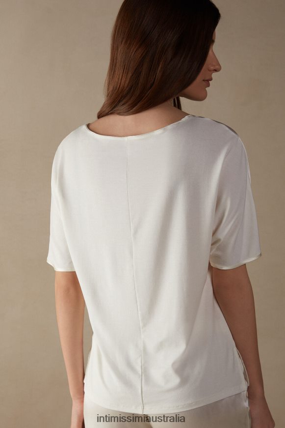 Intimissimi Women 2127-Powder White Apparel 0RJT481365 Short-Sleeved Silk and Modal Top