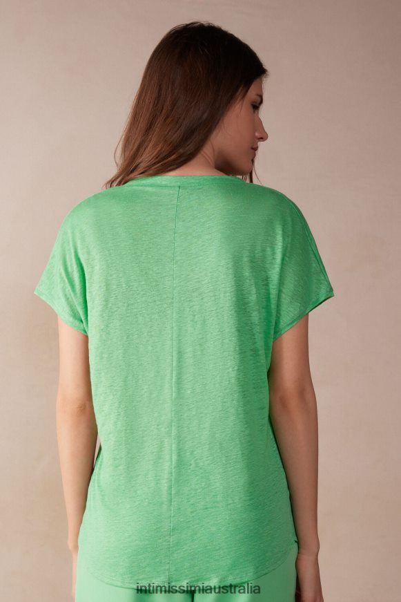 Intimissimi Women 218J-Apple Mint Apparel 0RJT481310 Short-sleeved Linen Top with V Neck