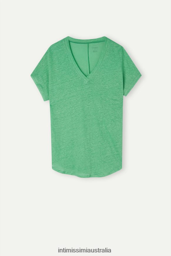 Intimissimi Women 218J-Apple Mint Apparel 0RJT481310 Short-sleeved Linen Top with V Neck