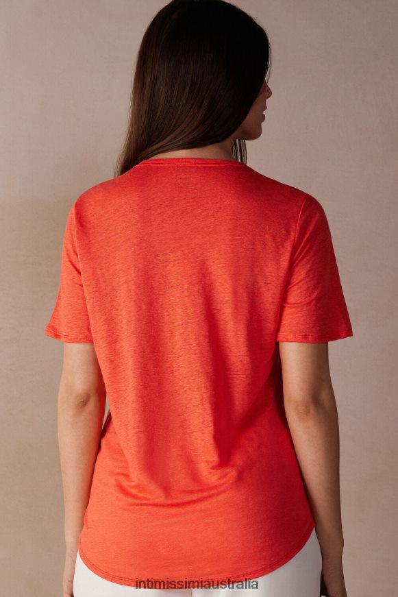 Intimissimi Women 219J-Flame Scarlet Apparel 0RJT481305 Linen Short-Sleeved Shirt