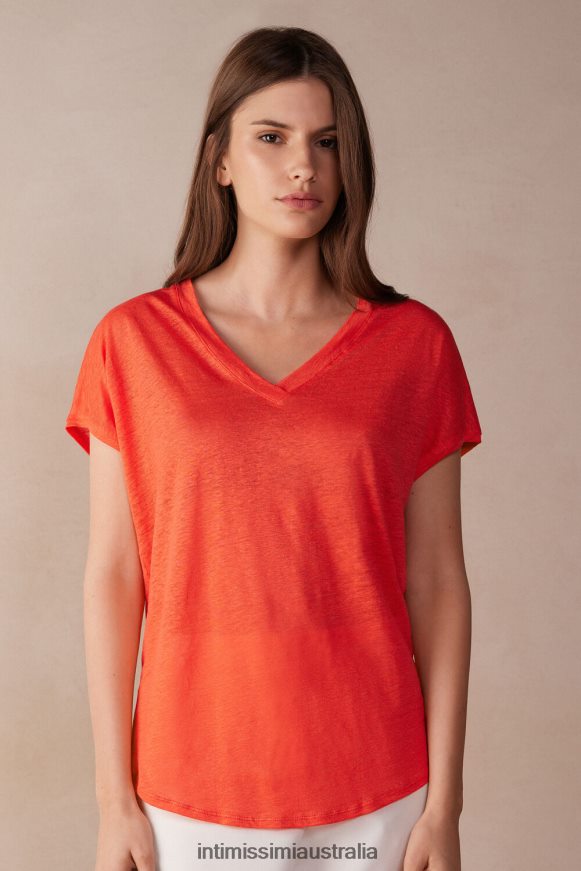 Intimissimi Women 219J-Flame Scarlet Apparel 0RJT481306 Short-sleeved Linen Top with V Neck