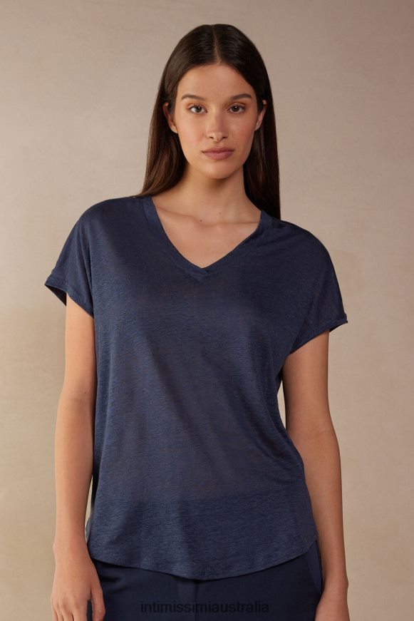 Intimissimi Women 243J-Sailor Blue Apparel 0RJT481302 Short-sleeved Linen Top with V Neck
