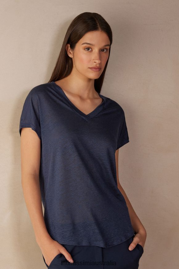 Intimissimi Women 243J-Sailor Blue Apparel 0RJT481302 Short-sleeved Linen Top with V Neck