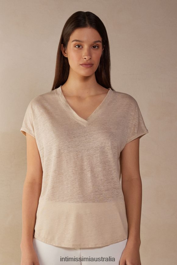 Intimissimi Women 913I-Beige Rope Apparel 0RJT481297 Short-sleeved Linen Top with V Neck
