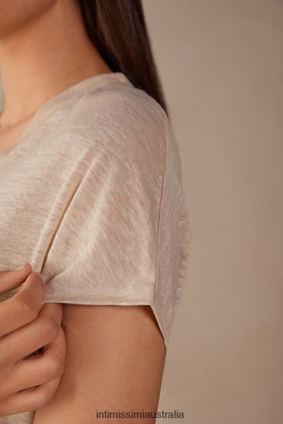 Intimissimi Women 913I-Beige Rope Apparel 0RJT481297 Short-sleeved Linen Top with V Neck